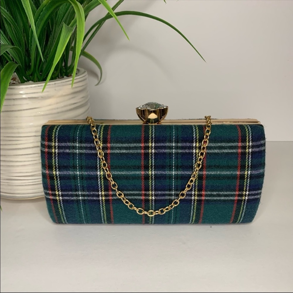 Alessia Minaudière Clutch/Shoulder/Crossbody Purse Tartan Green/Blue Plaid